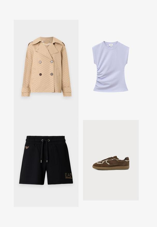 Trench-coat beige à double boutonnage avec de larges revers, quatre boutons contrastés, poches latérales et un motif subtil "MK" couvrant l'ensemble.; Chemise courte manches violettes claires avec encolure ronde et fronces latérales sur fond blanc.; Shorts en coton noir avec ceinture élastique et cordon de serrage. Présentent un logo doré et des ornements sur le devant. Deux poches latérales.; Baskets en cuir suédé marron avec bordure en crochet crème, semelle en gomme plate et design à lacets, vue de côté sur fond gris clair.