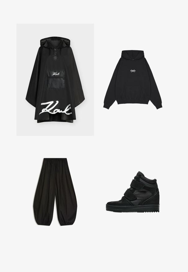 Zwarte regenponcho met capuchon, voorvak met rits en groot wit "Karl"-logo op de zak en onderzoom.; Pegador BELLY OVERSIZED HOODIE - Hoodie - washed black; Loszittende zwarte broek met een geplooide elastische tailleband en elastische broekspijpen, die een ballonachtige silhouet creëren.; Zwarte hoge sneakers van suede en gaas, met klittenbandsluitingen, een gladde afwerking en een gestructureerde rubberen zool voor grip.