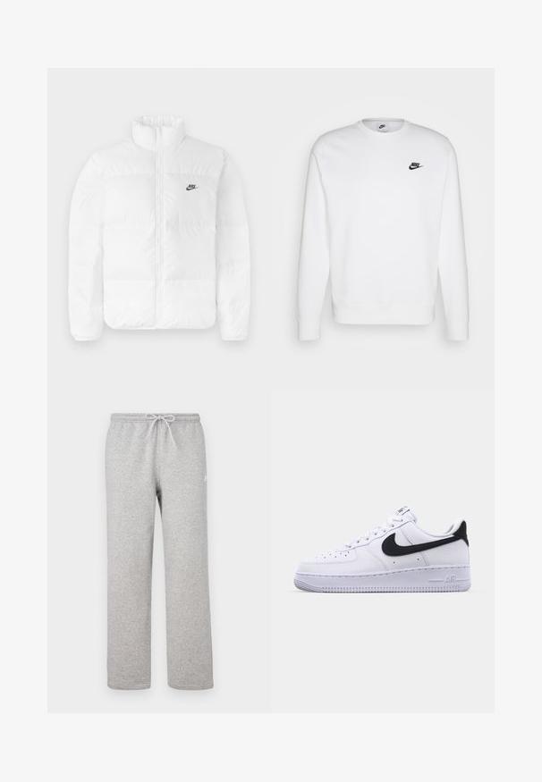 Hvid pufferjakke med høj krave, lynlås, og sort Nike-logo på venstre bryst. Glat tekstur, quiltet design og polstret.; Hvid sweatshirt lavet af bomuld med lange ærmer, rund halsudskæring og sort Nike-logo på venstre bryst. Blød tekstur med ribbede manchetter.; Grå joggingbukser med elastisk talje og snor. Fremstillet af blødt stof, de har lige ben og diskret logodetalje.; Hvide lædersneakers med en struktureret sort Swoosh, flade snørebånd og en gummisål med et rillemønster. "AIR" er præget på hælen.