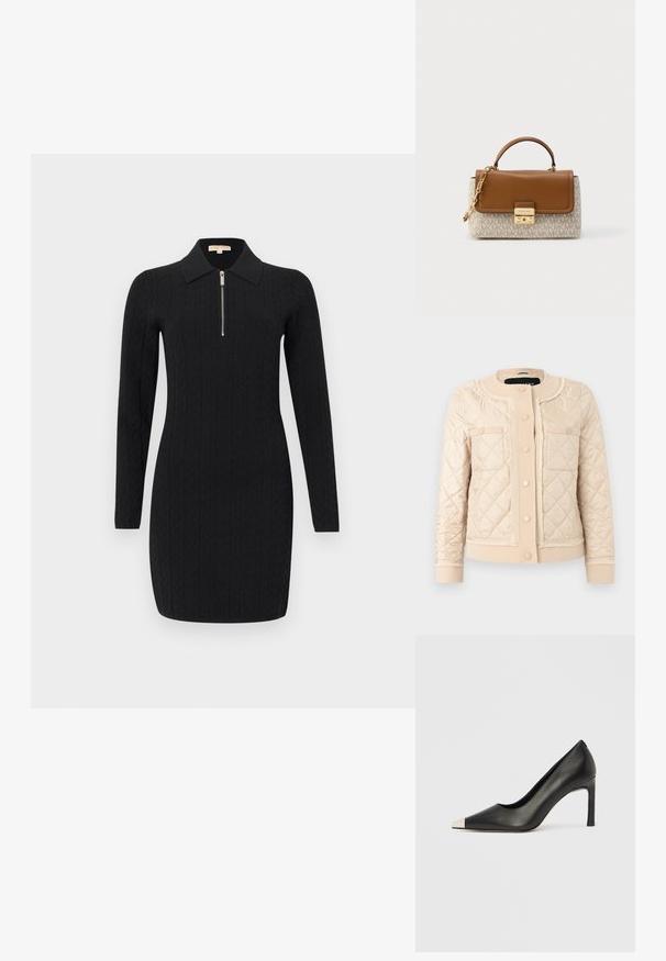 Veste matelassée couleur crème avec col rond, boutons-pression à l'avant, deux poches poitrine et poignets et ourlet côtelés.; Robe noire à manches longues en maille avec des motifs verticaux texturés, un col et une demi-fermeture éclair à l'avant.; Chaussure à talon haut en cuir noir avec bout pointu et capuchon argenté métallique. Présente une finition lisse et un talon fin de 10 cm.; Sac à main en cuir marron avec une moitié inférieure texturée au motif MK. Il présente un fermoir doré et une bandoulière chaîne, avec une forme structurée et une poignée supérieure.