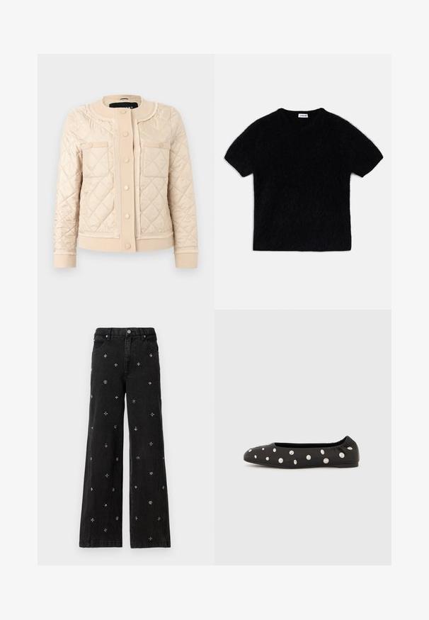 Chaqueta acolchada color crema con cuello redondo, botones de presión delanteros, dos bolsillos en el pecho y puños y dobladillo acanalados.; Camiseta de punto negra de manga corta con textura suave y cuello redondo. Presenta un ajuste holgado y un pequeño bolsillo en el pecho.; Jeans anchos negros de mezclilla que presentan intrincadas cuentas plateadas y bordados en patrones florales y geométricos por todo su diseño.; Zapato plano de ballet negro con parte trasera elástica y grandes tachuelas redondas plateadas dispersas en el lado superior, mostrado de perfil sobre fondo blanco.