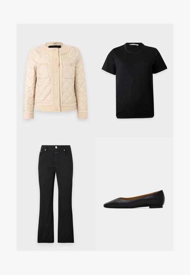 Veste matelassée couleur crème avec col rond, boutons-pression à l'avant, deux poches poitrine et poignets et ourlet côtelés.; T-shirt noir uni à manches courtes et col rond, posé à plat sur un fond blanc avec une étiquette de marque visible à l'intérieur du col.; Jean noir à jambe droite avec poches avant, passants pour ceinture et fermeture métallique par bouton à la taille.; Chaussure plate en cuir noir à bout pointu avec talon bas et finition lisse, vue de côté sur un fond gris clair.