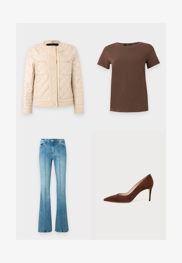 Veste matelassée couleur crème avec col rond, boutons-pression à l'avant, deux poches poitrine et poignets et ourlet côtelés.; T-shirt marron uni à manches courtes avec col rond et ourlet droit, présenté sur un fond blanc plat.; Jeans en denim bleu clair taille haute avec des détails de couture à l'avant, des poches avant, des passants pour ceinture et des jambes évasées sur fond blanc.; Chaussure à talon haut en daim marron à bout pointu avec un talon aiguille fin sur fond blanc.