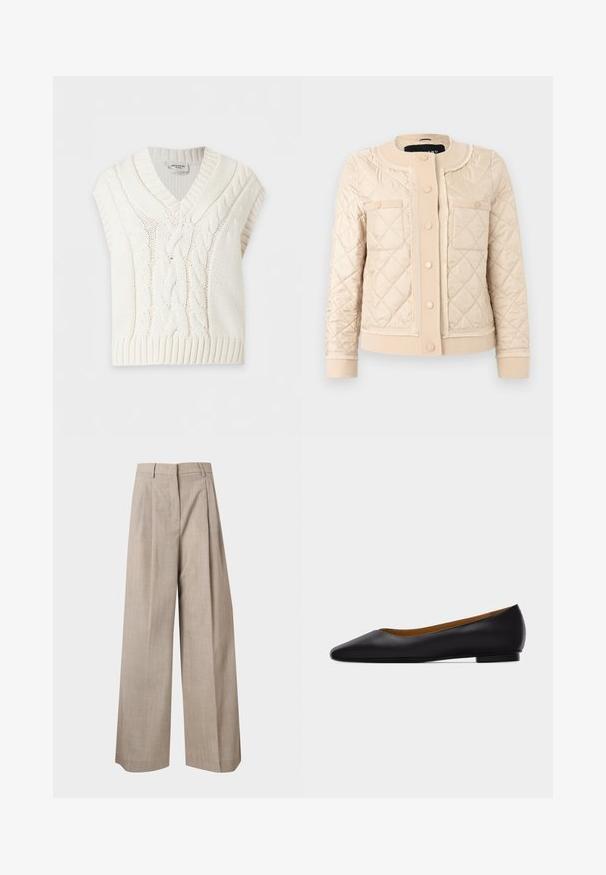 Veste matelassée couleur crème avec col rond, boutons-pression à l'avant, deux poches poitrine et poignets et ourlet côtelés.; Gilet sans manches tricoté de couleur crème avec motif torsadé et col en V, plié à plat sur fond blanc.; Pantalon beige à jambes larges avec taille haute, passants de ceinture, poches latérales et plis devant, présenté sur un fond clair uni.; Chaussure plate en cuir noir à bout pointu avec talon bas et finition lisse, vue de côté sur un fond gris clair.