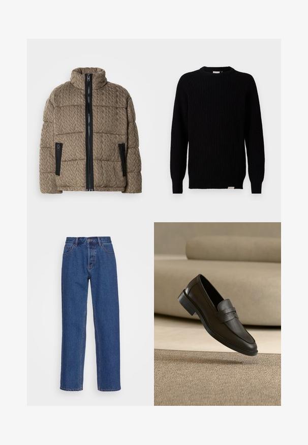 Braune, gesteppten Pufferjacke mit hohem Kragen und schwarzem Reißverschluss auf der Vorderseite, ausgestattet mit zwei seitlichen Reißverschlusstaschen und strukturiertem Strickmuster.; Cleptomanicx Strickpullover - black; Blaue Jeans aus Denim mit einem klassischen geraden Bein-Design, ausgestattet mit einer hohen Taille, Gürtelschlaufen und dezenten Stickdetails.; Schwarzer Lederloafer, der auf einem beigen Teppich liegt, mit einem gebogenen beigen Sofa im Hintergrund.