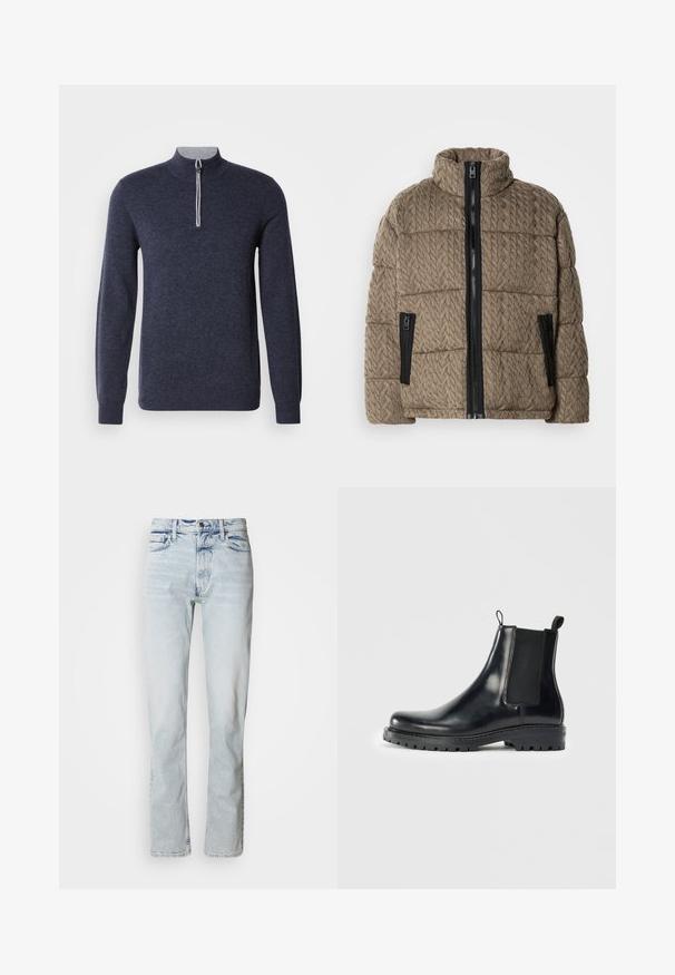 Bruine doorgestikte pufferjack met een hoge kraag en een zwarte voorrits, voorzien van twee ritszakken aan de zijkanten en een gestructureerd breipatroon.; Marineblauwe half-zip trui met een grijze kraag. Gemaakt van een gestructureerde stof, met lange mouwen en een nauwsluitend ontwerp.; Lichtblauwe denim jeans met een rechte pasvorm, verweerde structuur, vijfzakkenontwerp en een klassieke knoopsluiting in de taille.; Zwarte leren Chelsea laarzen met elastische zijpanelen, een lus voor gemakkelijke aan- en uittrekken, en een robuuste rubberen zool met een gestructureerde grip.