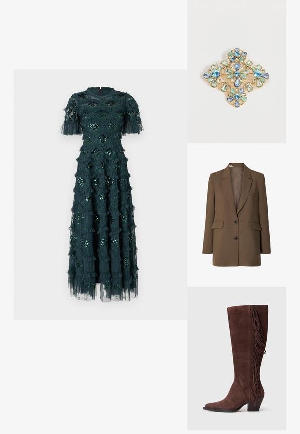 Veste marron sur mesure avec revers crantés, deux poches frontales à rabat, deux boutons noirs et manches longues.; Robe vert foncé à manches courtes, ornée de volants superposés et de décorations florales en sequins. Mi-longue, en tissu doux avec un superposé transparent.; Botte en suède marron, hauteur genou, avec des franges sur le côté et un talon en bloc empilé.; Broche en or ornée de quatre formes de fleurs composées de pierres précieuses facettées bleues, vertes et transparentes disposées en un motif symétrique.