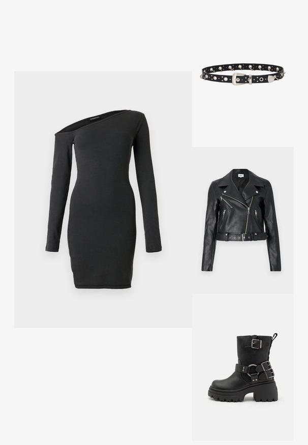 Schwarze, kurz geschnittene Bikerjacke aus Leder mit silbernen Reißverschlüssen, breiten Revers und tailliertem Gürtel. Strukturierte Oberfläche mit vier Reißverschlusstaschen.; Schwarzes, geripptes Strickkleid mit langen Ärmeln und asymmetrischem Ausschnitt mit einem Cut-out an einer Schulter.; Schwarze Leder-Stiefel bis zum Knöchel mit einer klobigen Sohle, Schnallen- und Riemenakzenten sowie einer strukturierten Oberfläche. Verfügt über eine Zuglasche für einfaches An- und Ausziehen.; Schwarzer Ledergürtel mit silberner Schnalle, mehreren Metallösen und gleichmäßig verteilten Nieten entlang der Länge, entworfen als Modeaccessoire.