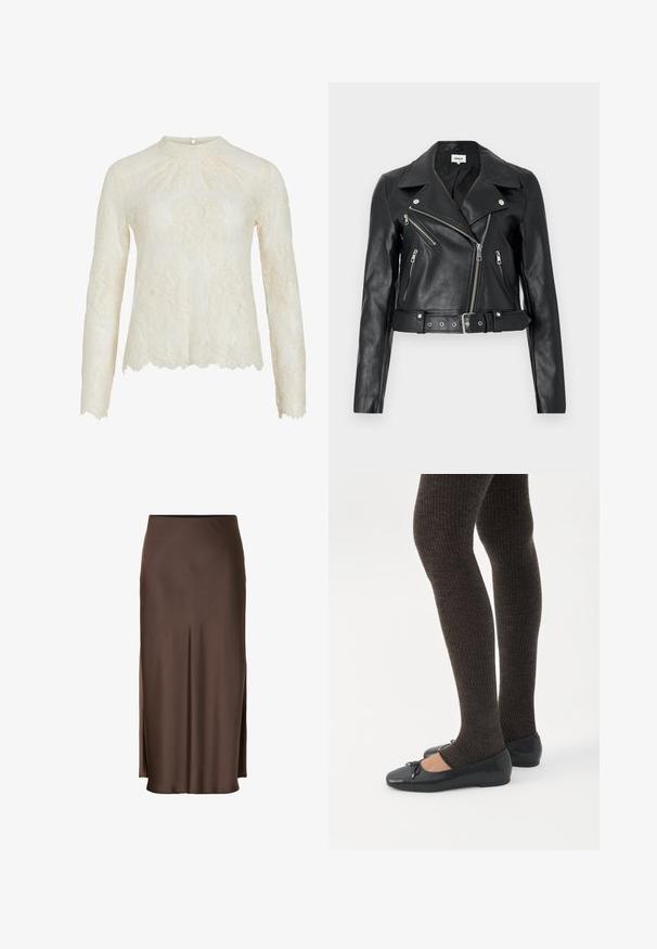 Veste de motard courte en cuir noir avec des fermetures éclair argentées, de larges revers et une taille ceinturée. Finition texturée avec quatre poches zippées.; Blouse à manches longues de couleur crème avec motif en dentelle florale, col montant, fermeture par boutons au dos, et ourlet et poignets festonnés.; Jupe en satin marron au design droit, avec des fentes latérales pour faciliter le mouvement et une texture lisse sur tout le tissu.; Jambes portant des leggings côtelés foncés associés à des ballerines noires avec de petits détails en nœud sur fond blanc.