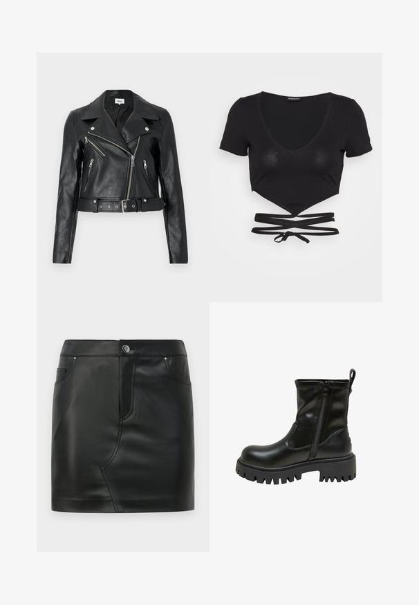 Schwarze, kurz geschnittene Bikerjacke aus Leder mit silbernen Reißverschlüssen, breiten Revers und tailliertem Gürtel. Strukturierte Oberfläche mit vier Reißverschlusstaschen.; Even&Odd by Zalando T-Shirt print - black; Schwarzer MINI ROCK aus Kunstleder mit vorderem Knopf, Reißverschluss, vorderen und hinteren Taschen sowie Nahtdetails.; Schwarzer Lederstiefel bis zur Mitte der Wade mit dicker Profilsohle, seitlichem Reißverschluss, Zuglasche hinten und eingeprägtem Markennamen am Sohlenrand.