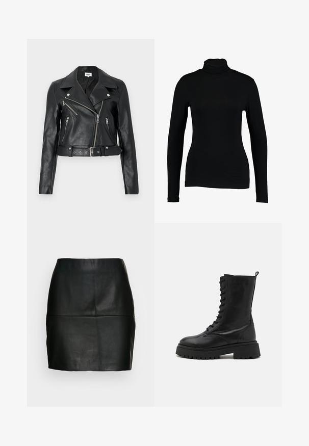 Zwarte leren cropped bikerjack met zilverkleurige ritsen, brede revers en een tailleband met ceintuur. Getextureerde afwerking met vier zakken met rits.; Zwart lange mouw turtleneck top van gladde stof, met een aansluitend ontwerp en hoge hals, geschikt voor layering of als standalone kleding.; Zwart leren minirok met een gladde textuur, aansluitende silhouet en een stiksel detail bij de tailleband. Geen zichtbare sluitingen.; Zwarte leren combatboot met vetersluiting aan de voorkant, ronde neus, stevige zool en een trekhaak aan de achterkant. Gestructureerde afwerking en robuuste constructie.