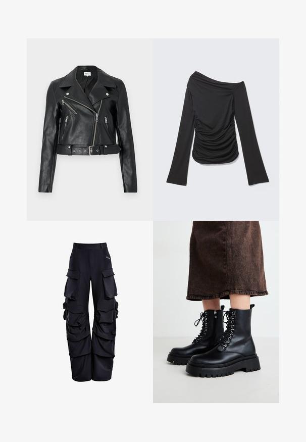 Zwarte leren cropped bikerjack met zilverkleurige ritsen, brede revers en een tailleband met ceintuur. Getextureerde afwerking met vier zakken met rits.; Zwarte top met lange mouwen, asymmetrische off-shoulder halslijn en geplooide details aan de zijkanten en voorkant.; Zwarte cargobroek van gestructureerde stof, met meerdere grote zakken, een ontspannen pasvorm en geplooide details langs de zijkanten.; Zwarte leren enkellaarsjes met een stevige zool, vetersluiting aan de voorkant en een zijrits. Voorzien van zilveren oogjes en een gladde textuur.