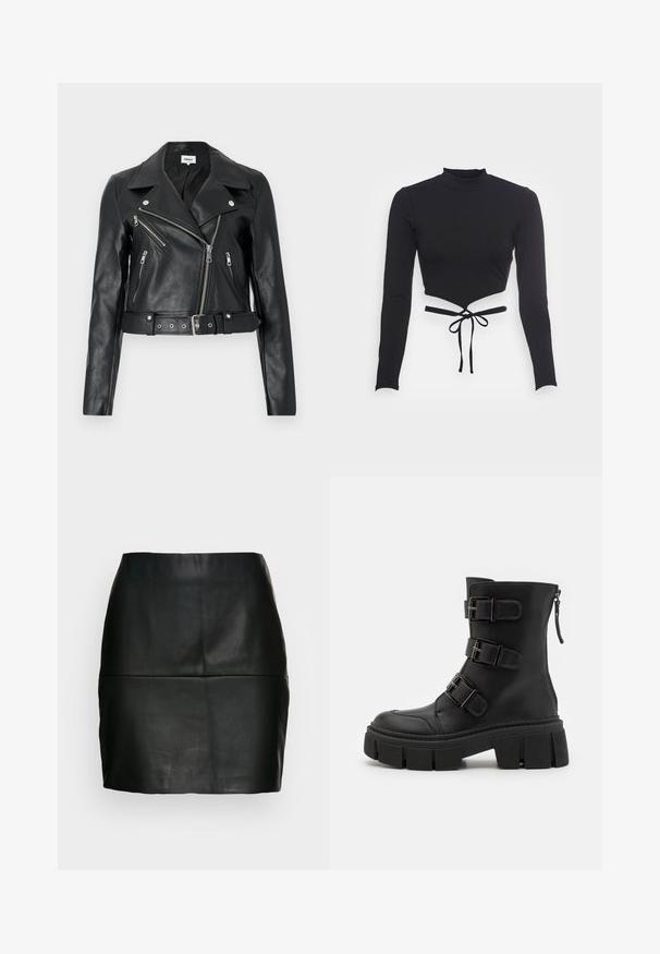 Zwarte leren cropped bikerjack met zilverkleurige ritsen, brede revers en een tailleband met ceintuur. Getextureerde afwerking met vier zakken met rits.; Even&Odd Longsleeve - black; Zwart leren minirok met een gladde textuur, aansluitende silhouet en een stiksel detail bij de tailleband. Geen zichtbare sluitingen.; Even&Odd Cowboy-/Bikerlaarsjes - black