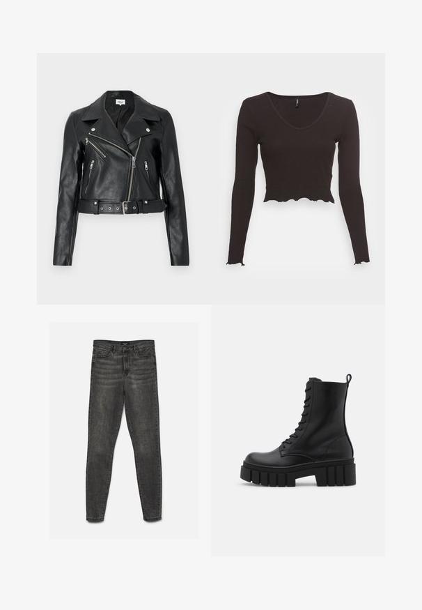 Zwarte leren cropped bikerjack met zilverkleurige ritsen, brede revers en een tailleband met ceintuur. Getextureerde afwerking met vier zakken met rits.; Zwarte cropped lang mouw top van ribstof, met een V-hals en een golvende zoom langs de onderkant en de mouwen.; Donkergrijze slim-fit jeans met knoop- en ritssluiting, voor- en achterzakken, plat weergegeven op een witte achtergrond.; Zwarte leren enkelboot met een chunky, gegroefd zool, vetersluiting aan de voorkant en een trekband op een gladde witte achtergrond.