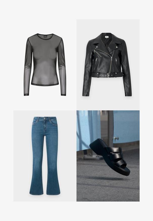 Schwarze, kurz geschnittene Bikerjacke aus Leder mit silbernen Reißverschlüssen, breiten Revers und tailliertem Gürtel. Strukturierte Oberfläche mit vier Reißverschlusstaschen.; Schwarzes langärmliges Mesh-Oberteil mit rundem Ausschnitt, aus transparentem Stoff und figurbetonter Passform. Die Ränder sind mit schwarzer Naht versehen.; Blaue Jeans im Schlagstil aus Denim mit einer mittelhohen Taille, Fünf-Taschen-Design und subtilen Stickdetails. Glatte Textur mit klassischer Waschung.; Schwarze Plateau-Sandale mit drei breiten Riemen, die über grauem Pflaster in der Nähe von blauen Stoffpaneelen schwebt.