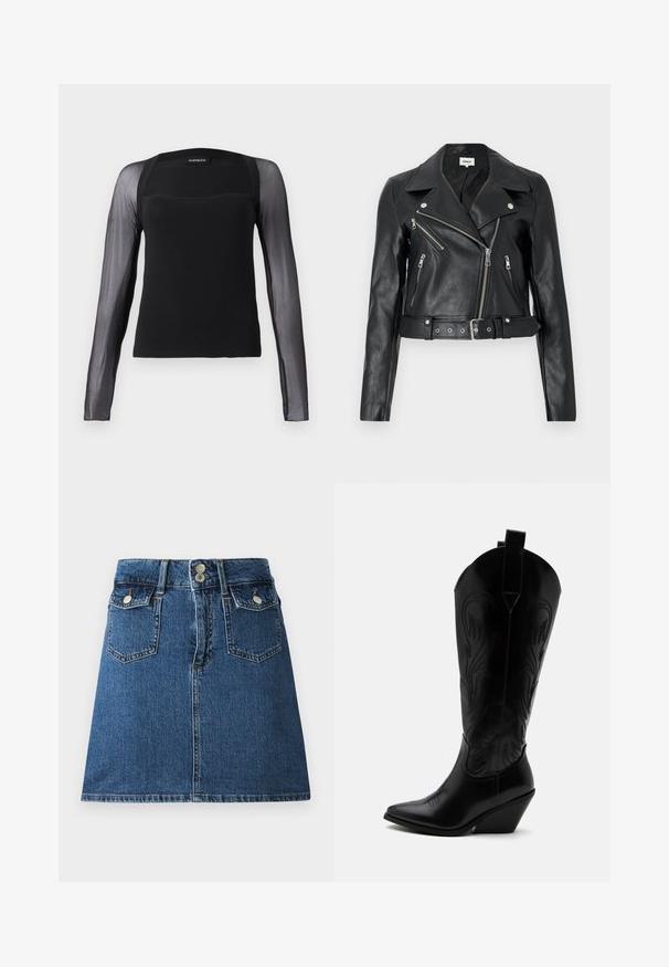 Sort læder bikerjakke cropped med sølv lynlåse, brede revers og bælte i taljen. Tekstureret finish med fire lynlåslommer.; Sort langærmet top med en ensfarvet bodice og gennemsigtige sorte meshærmer. Har en kvadratisk halsudskæring og en glat tekstur.; Denim nederdel i dyb blå, med en tætsiddende talje, to forlommer, to baglommer og sølvfarvede knaplukninger.; Sort læder cowboystøvle med spidst tåparti, skråt blokhælhæl, dekorative sømme og trækstropper øverst mod hvid baggrund.