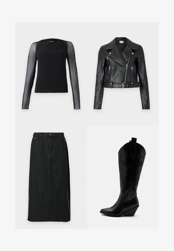 Sort læder bikerjakke cropped med sølv lynlåse, brede revers og bælte i taljen. Tekstureret finish med fire lynlåslommer.; Sort langærmet top med en ensfarvet bodice og gennemsigtige sorte meshærmer. Har en kvadratisk halsudskæring og en glat tekstur.; Sort denimnederdel med høj talje, lige snit og unikke skrå sømme. Har sideslids og knaplukning i taljen.; Sort læder cowboystøvle med spidst tåparti, skråt blokhælhæl, dekorative sømme og trækstropper øverst mod hvid baggrund.