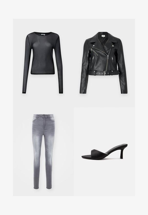 Veste de motard courte en cuir noir avec des fermetures éclair argentées, de larges revers et une taille ceinturée. Finition texturée avec quatre poches zippées.; Haut noir à manches longues en maille transparente avec col rond et silhouette ajustée, présenté sur un fond uni.; Jean skinny en denim gris délavé, présentant une taille haute, un design standard à cinq poches et un léger effet de décoloration sur le devant.; Mule noire à bout ouvert avec un talon moyen et fin, et une large bride sur l'avant, vue de profil sur un fond uni.