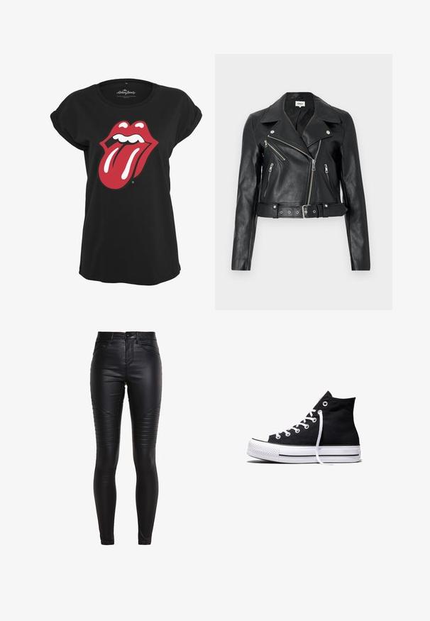 Veste de motard courte en cuir noir avec des fermetures éclair argentées, de larges revers et une taille ceinturée. Finition texturée avec quatre poches zippées.; T-shirt noir en coton avec un motif graphique en rouge et blanc du logo des Rolling Stones représentant des lèvres et une langue sur le devant. Encolure ronde.; Pantalons skinny en simili cuir noir avec des détails de panneaux cousus, taille haute et texture lisse. Comprend une fermeture éclair et des poches avant.; Baskets montantes en toile noire avec semelle en caoutchouc blanche et lacets blancs, vues de côté sur un fond blanc.