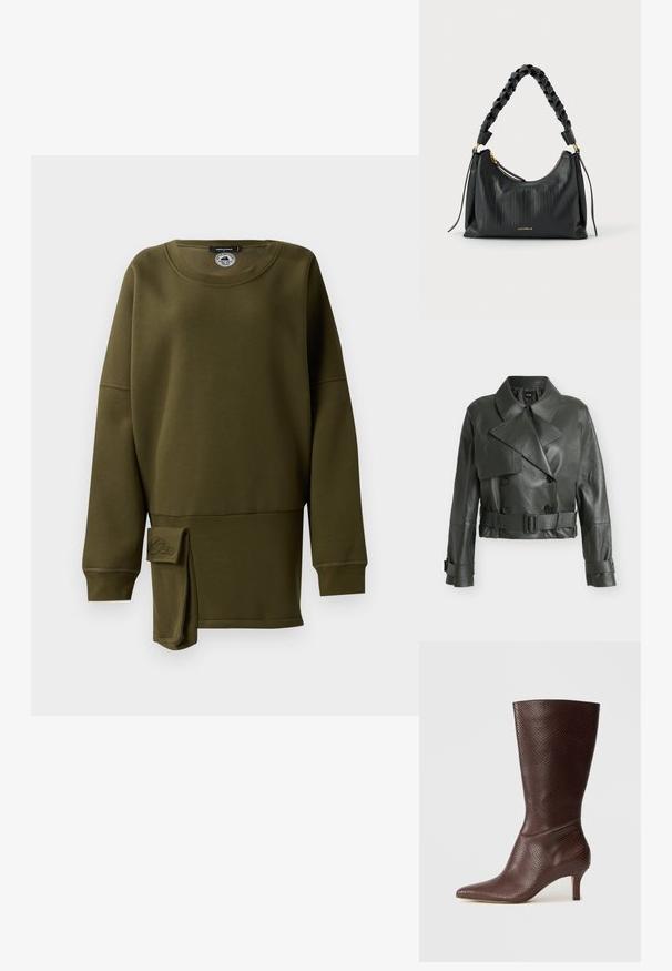 Donkergroene korte leren jas met brede kraag, dubbele knopen, ceintuur in de taille en gespbanden aan de manchetten.; Olijfgroene sweatshirt, zachte stof, ronde hals, lange mouwen, zijsplit met stoffen accent, geborduurd logo-detail aan de onderkant voor.; Bruine faux leren enkelboot met een spitse neus, textuur van slangenprint en een 5 cm hak, met een strakke, gestroomlijnde uitstraling.; Zwarte leren handtas met een gestructureerd, geplooid ontwerp, voorzien van een gevlochten handvat en gouden accenten, waaronder een ritssluiting.