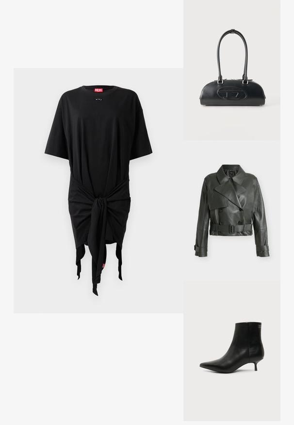 Veste en cuir courte vert foncé avec col large, boutons croisés, taille ceinturée et sangles à boucles aux poignets.; Robe t-shirt en coton noir à manches courtes, avec un détail noué à la taille et une étiquette logo. Texture douce et coupe décontractée.; Bottine en cuir noir avec bout pointu et petit talon kitten sur fond clair, vue côté extérieur.; Sac à main en cuir noir avec longues poignées doubles et logo ovale embossé sur le devant, présenté sur un fond clair uni.