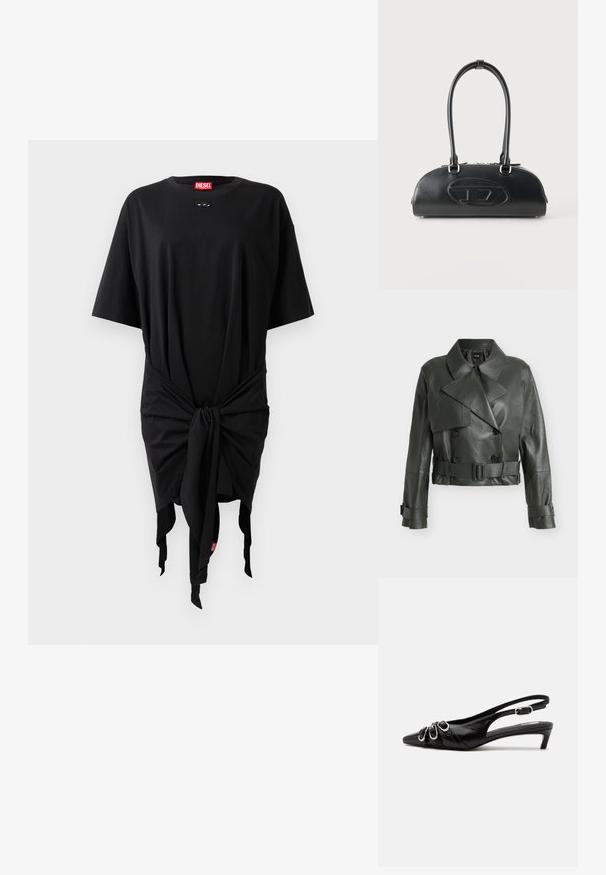 Dunkelgrüne, kurz geschnittene Lederjacke mit weitem Kragen, doppelreihigen Knöpfen, tailliertem Gürtel und Schnallenriemen an den Manschetten.; Schwarzes Baumwoll-T-Shirt-Kleid mit kurzen Ärmeln, das mit einem Knoten-Detail an der Taille und einem Logo-Tag versehen ist. Glatte Textur und lockere Passform.; Schwarzer Lederslingback mit spitzer Spitze, drei silbernen Schnallen vorne und niedrigem Kittenabsatz auf weißem Hintergrund.; Schwarze Lederhandtasche mit langen doppelten Griffen und geprägtem ovalem Logo auf der Vorderseite, vor einem schlichten hellen Hintergrund gezeigt.
