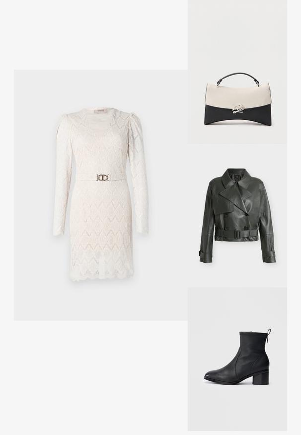 Mørkegrøn kort læderjakke med bred krave, dobbeltradede knapper, bælte i taljen og spænder på ærmekanterne.; Spidsblondekjole i off-white med lange ærmer, V-udskæring og et mønster. Har et sølvfarvet bælte i taljen som accent.; Sort læder ankelstøvle med et elegant design, afrundet tå, tekstureret syning øverst og en blokhæl. Har lynlås og strop til at trække i.; Sort og hvid læderhåndtaske med buet form, topgreb og dekorativt sølvspænde på frontklappen.