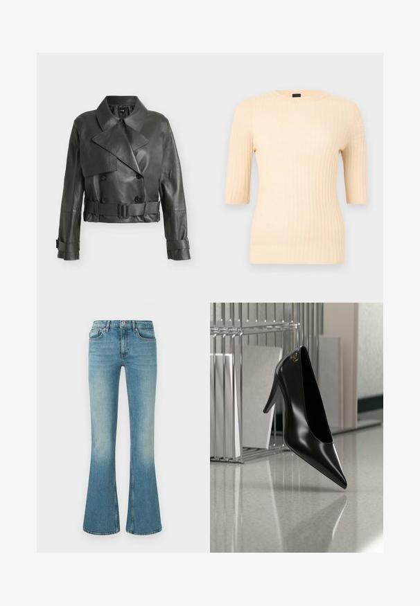 Veste en cuir courte vert foncé avec col large, boutons croisés, taille ceinturée et sangles à boucles aux poignets.; Haut côtelé à manches courtes de couleur beige clair. Confectionné dans un matériau doux avec une coupe ajustée. Encolure ronde simple et texture lisse.; Jeans en denim bleu évasés avec un lavage léger, cinq poches, un détail de couture et une taille avec un bouton et une fermeture éclair.; Chaussure noire à talon haut avec bout pointu et logo doré, posée sur une surface réfléchissante près d'un organiseur de dossiers en fil chromé contenant des documents.