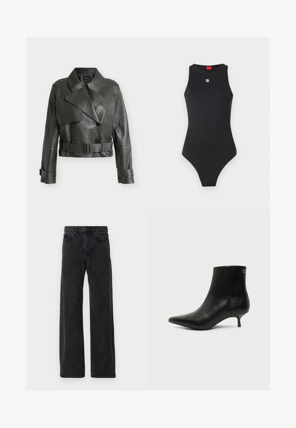 Mørkegrøn kort læderjakke med bred krave, dobbeltradede knapper, bælte i taljen og spænder på ærmekanterne.; Sort bodysuit med en ærmeløs design, lavet af glat materiale. Har et lille hvidt logo på brystet og et højt skåret benåbning.; Sorte denimjeans med bred ben-design, der har en klassisk fem-lomme stil, knaplukning og diskret falmning.; Sort læder ankelstøvle med spids tå og lav kitten hæl på lys baggrund, der viser yderside.