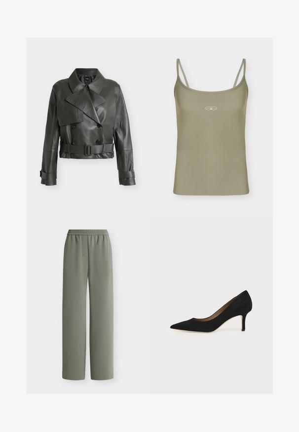 Veste en cuir courte vert foncé avec col large, boutons croisés, taille ceinturée et sangles à boucles aux poignets.; Débardeur vert olive sans manches avec fines bretelles et petit logo géométrique blanc centré sur la poitrine.; Pantalon ample vert olive avec taille élastique et tissu lisse, montré à plat sur fond blanc.; Escarpin en daim noir à bout pointu avec un talon stiletto fin de hauteur moyenne et un design à coupe basse sur un fond uni.