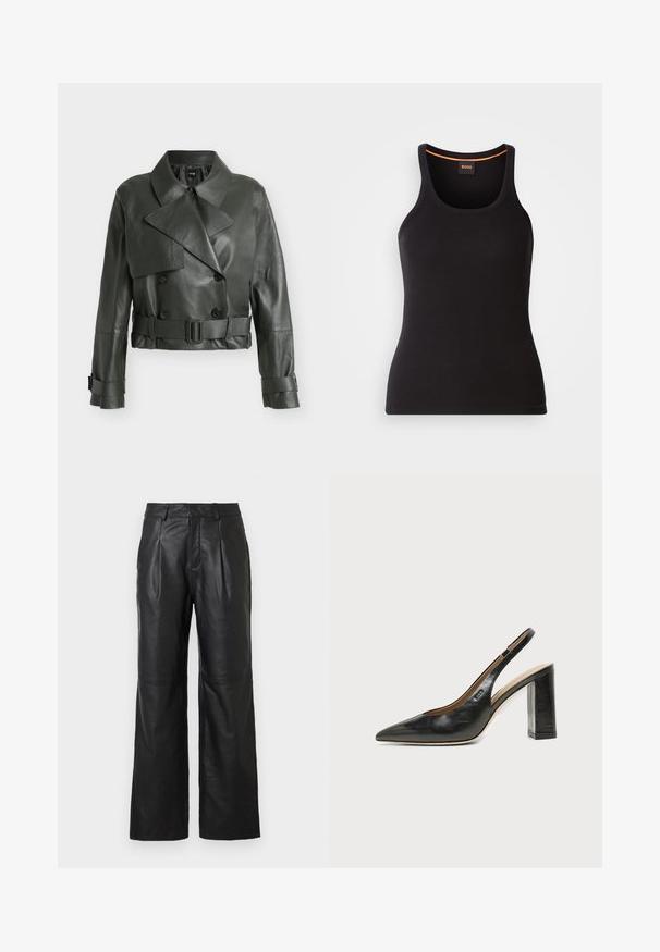 Veste en cuir courte vert foncé avec col large, boutons croisés, taille ceinturée et sangles à boucles aux poignets.; Débardeur noir côtelé avec un col rond. Présente une coupe ajustée et un accent orange au niveau du col. Logo de la marque discrètement brodé à l'avant.; Pantalon en cuir noir avec une coupe à jambes larges, doté de plis sur le devant et d'une texture lisse. Sans fermetures visibles ni ornements.; Chaussure slingback en cuir noir à bout pointu avec un talon bloc haut et une doublure intérieure beige sur un fond clair uni.