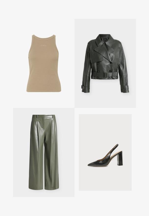 Dunkelgrüne, kurz geschnittene Lederjacke mit weitem Kragen, doppelreihigen Knöpfen, tailliertem Gürtel und Schnallenriemen an den Manschetten.; Beige gerippter Tanktop mit rundem Ausschnitt, ärmellosem Design und kleinem geprägtem Logo in der Mitte der Vorderseite. Weiche Stoffstruktur.; Hoch geschnittene, weit geschnittene Hose aus olivgrünem Kunstleder mit vorderen Falten und Gürtelschlaufen, vor einfarbigem Hintergrund gezeigt.; Schwarzer Leder-Damenslingback-Schuh mit spitzer Zehenpartie und dickem hohem Blockabsatz vor weißem Hintergrund.
