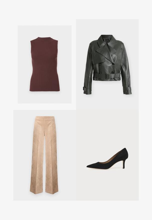 Veste en cuir courte vert foncé avec col large, boutons croisés, taille ceinturée et sangles à boucles aux poignets.; Top sans manches en maille côtelée marron foncé avec col montant et silhouette ajustée.; Pantalon large en velours côtelé beige avec une surface texturée, doté d'une taille haute et d'un motif à rayures verticales pour plus de détails.; Escarpin en daim noir à bout pointu avec un talon stiletto fin de hauteur moyenne et un design à coupe basse sur un fond uni.