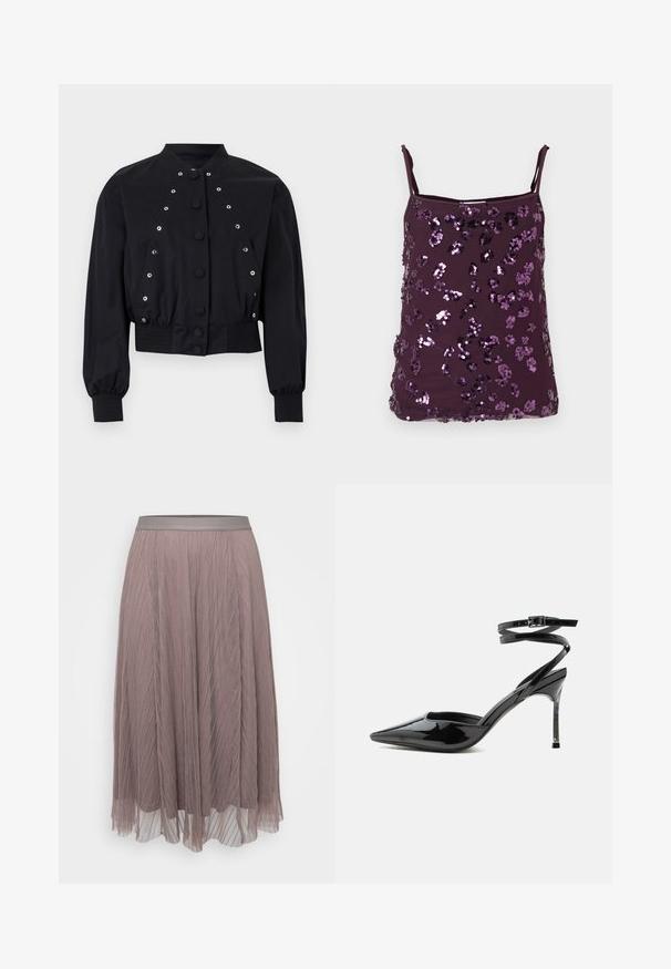 Sort kort jakke med lange ærmer, ribkant ved ærmer og kant, forreste trykknapper og sølvfarvede øjeletsdetaljer på frontpanelerne.; Lilla camisole-top med justerbare stropper, dækket af skinnende lilla palietter arrangeret i blomsterpattern. Glat stoftekstur.; Plisseret midiskørt i blød mauve med en glat satin-linning. Letvægts, flydende materiale med lodrette striber og gennemsigtige lag.; Sort laklæder spids tå stilet hæl med tynde ankremme og lille spænde.