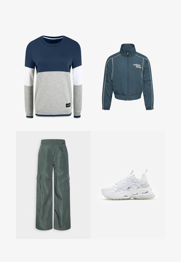 Dunkel petrolfarbene Reißverschlussjacke mit hohem Kragen, weißen Paspelierungen an den Ärmeln, elastischem Bund und Bündchen sowie "calvin klein" Logo auf der linken Brust.; Oxmo OMAYA - Sweatshirt - insignia blue; Even&Odd Cargohose - dark green; Weißer Sneaker mit dickem Profil, geschichtetem Mesh- und Synthetik-Obermaterial, mit gemusterten Akzenten, Schnürsystem und Zuglasche.
