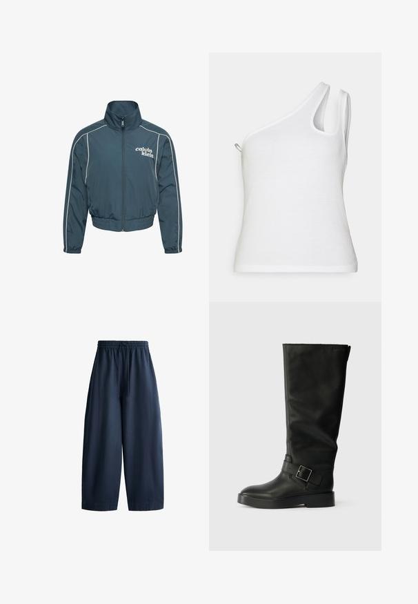 Veste zippée bleu sarcelle foncé avec col montant, passepoil blanc le long des manches, taille et poignets élastiques, et logo "calvin klein" sur la poitrine gauche.; Envii ENALLY - Débardeur - bright white; Pantalon bleu marine à larges jambes avec taille élastique et cordon, fabriqué dans un tissu léger, adapté à un usage décontracté.; Bottes noires jusqu'au genou en cuir lisse, dotées d'un bout rond, d'une semelle épaisse et d'une sangle horizontale avec un détail de boucle rectangulaire.