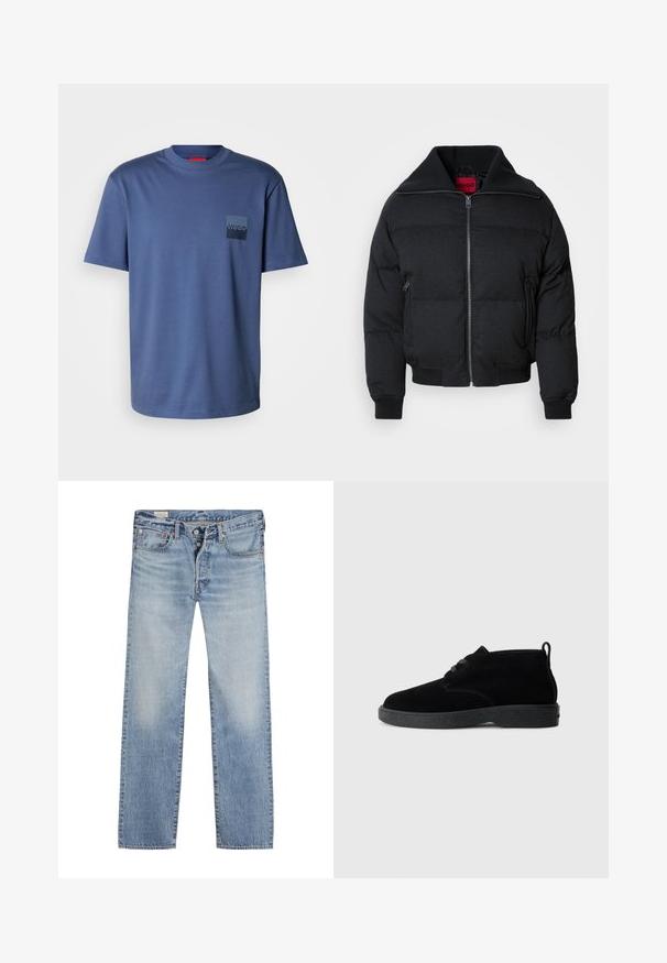 Zwarte pufferjack met een hoge kraag, ritssluiting aan de voorkant, twee zijzakken en geribbelde manchetten. Glad textuur met een doorgestikt patroon over de hele jas.; Blauw T-shirt met korte mouwen, gemaakt van zachte katoen, met een vierkante zak en een donkerblauw logo. Klassiek ontwerp met ronde hals.; Lichtblauwe spijkerbroek met een rechte pijp, voorzien van een knoopsluiting, een vijf-pocket ontwerp en een vervaagde textuur langs de dijen.; Zwarte suede enkellaarsjes met een ronde neus, vetersluiting, zwarte rubberen zool en een aantreklip aan de achterkant voor gemakkelijk aan- en uittrekken.