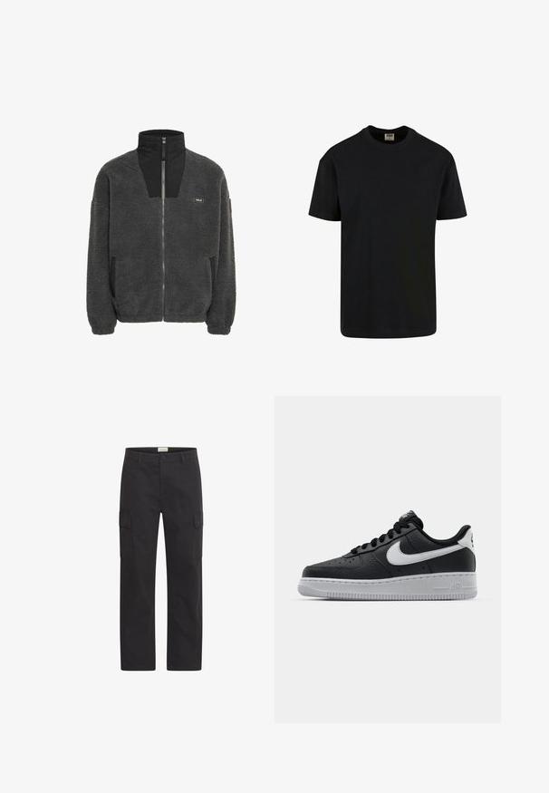 Grå fleecejakke med høj krave og lynlås, med sorte paneler og sidelommer. Blød, struktureret overflade.; Urban Classics SHORTSLEEVE - T-shirts basic - black; Sorte cargo-bukser med lige ben, sidelommer med klap samt forstykke med knap- og lynlåslukning, vist mod en hvid baggrund.; Sort lædersneaker med tekstureret overflade, hvid Nike swoosh, grå sål, rund tå og snørebåndsdesign. Har perforeringer på tåboksen.