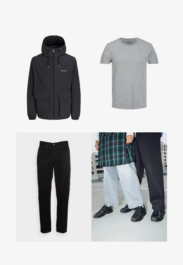 Zwarte gewatteerde jas met witte rasterpatroon, ritssluiting aan de voorkant, capuchon met trekkoord, elastische manchetten, twee klepzakken aan de voorkant en klein wit logo op de borst.; Grijze T-shirt met korte mouwen, gemaakt van zachte katoen. Kenmerkt zich door een klassieke ronde halslijn en een reguliere pasvorm. Eenvoudig ontwerp zonder patronen of accenten.; Zwarte slim-fit jeans met een knoopsluiting aan de voorkant en een vijf-pocket ontwerp, weergegeven tegen een effen lichtgrijze achtergrond.; Zwarte sportieve schoenen met mesh- en rubberaccenten. Draagt een lichtgrijze wijde spijkerbroek en een groen geruit shirt. Effen achtergrond.