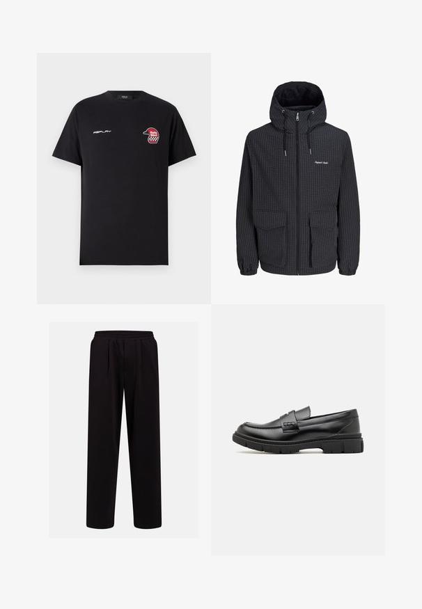 Must kapuutsiga jope valge ruudustikuga, ees tõmblukk, kapuuts nööriga, elastsed varrukaotsad, kaks esimest lapi taskut ja väike valge logo rinnal.; Replay SHORT SLEEVE GRAPHIC - Trükipildiga T-särk - black; Mustad sirged püksid elastse vöökohaga ja esikokkudega, mõeldudotstarbeks lõdva istuvuse ja mugava kandmise jaoks.; Musthave nahkast suss, millel on lai rihm üle vöö, kummitald paksude mustritega ning sile tekstuur. Klassikaline, elegantne disain.