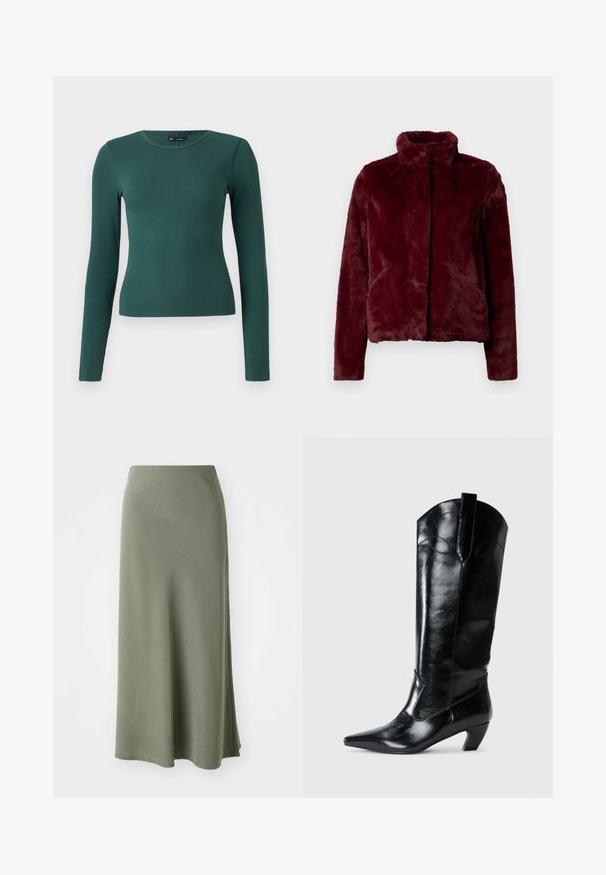 Veste en fausse fourrure bordeaux avec un col haut, fermeture éclair et poches latérales ; texture lisse et design oversized.; Haut à manches longues, côtelé, de couleur vert foncé. Présente un col rond et une coupe ajustée, fabriqué en matériau doux et extensible.; Jupe kaki, longueur genou, en tissu doux avec une texture lisse et une coupe évasée, présentant une fente sur le côté pour faciliter les mouvements.; Bottes en cuir noir montantes jusqu'au genou, avec une pointe effilée, un talon bas, et des détails de couture décoratifs sur les côtés. Fini lisse et brillant.