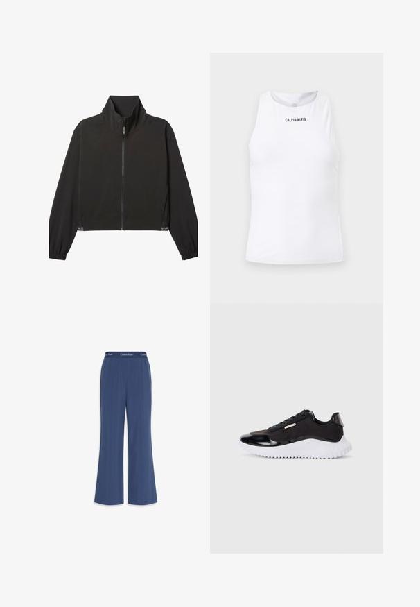 Zwarte lange mouwen jas met rits, hoge kraag, elastische manchetten en een subtiel wit Calvin Klein-logo nabij de zoom aan beide zijden.; Witte mouwloze Calvin Klein sporttop met hoge halslijn en subtiel gestructureerde stof.; Marineblauwe wijde broek gemaakt van zachte stof met een gladde textuur. Heeft een elastische tailleband met het "Calvin Klein" logo langs de bovenkant.; Zwarte sportieve schoenen met een glad bovenwerk van synthetisch materiaal, een witte, stevige zool, gestructureerde accenten en zwarte veters. Minimalistisch ontwerp, zonder zichtbare logo's.