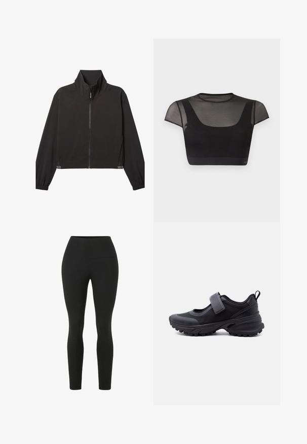 Sort langærmet jakke med lynlås, høj krave, elastiske manchetter og subtilt hvidt Calvin Klein-logo nær kanten på begge sider.; Sort crop top med gennemsigtige korte ærmer og øvre bryst, med rund halsudskæring og tætsiddende, solid sort krop.; Sorte leggings med høj talje. Lavet af strækbart stof, der har en glat tekstur og en tætsiddende silhuet uden synlige sømme.; Sort atletiksko med robust sål, justerbar rem over toppen og trække-øje ved hælen, vist i sideprofil mod hvid baggrund.