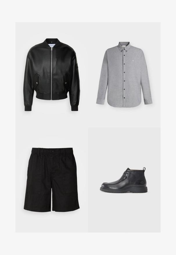 Calvin Klein Jeans Bomberjakke - black; Lysegrå skjorte med lange ærmer, knapper foran og knaplukket krave samt det lille "cK" logo broderet på venstre bryst.; Sorte shorts med elasticiseret talje og knaplukning. Har to store sidelommer med et struktureret stof. Casual design.; Sorte læder ankelstøvler med rund tå, snørelukning og en løkke bagpå. Tekstureret overdel og gummisål.