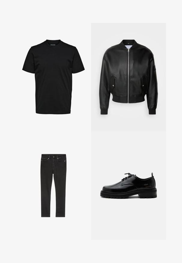Calvin Klein Jeans Bombertakki - black; Yksinkertainen musta lyhythihainen t-paita pyöreällä pääntiellä, tavallisella istuvuudella ilman näkyviä kuvioita tai logoja.; Musta farkkujen slim fit -malli, jossa on neljä taskua, metallinen nappisuljenta ja kevyitä kulutusefektejä. Sileä pinta ja klassinen muotoilu.; Musta kiillotettua nahkaa oleva nauhallinen kenkä, jossa paksu kumipohja ja matala korko, sivulla bränditeksti "SAMSOE" ja takana vetolenkki.