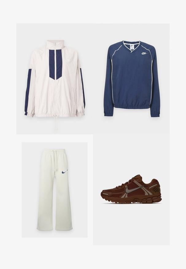 Ľahký vetrový kabát Nike v bielej a námorníckej modrej farbe, s vysokým golierom, zipsom, elastickými manžetami a dvoma bočnými vreckami.; Tmavomodrý pulóver Nike s dlhým rukávom a výstrihom do V, bielym lemovaním pozdĺž švov a elastickými manžetami a spodným okrajom. Na ľavej strane hrude je umiestnené logo.; Krémové tepláky vyrobené zo zmesi bavlny, s voľným strihom, elastickým pásom so šnúrkou a námorníckym logom Nike na prednej strane.; Hnedá bežecká obuv Nike s sieťovanými panelmi, gumovou podrážkou a reflexným logom swoosh na boku, zobrazená z pravého profilu.