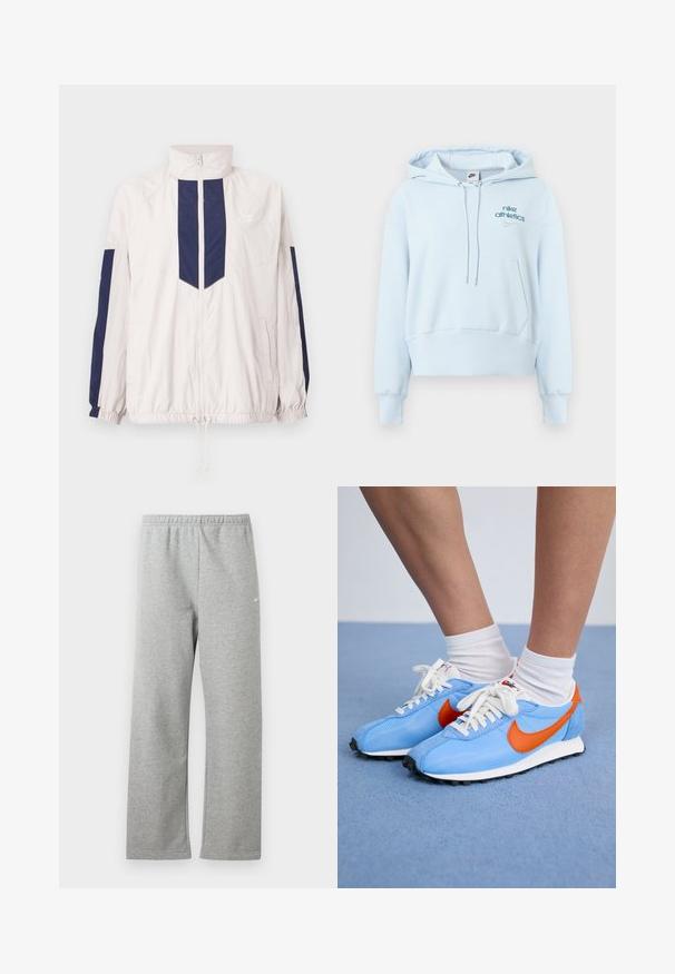 Letvægts Nike vindjakke i hvid og navy, med høj krave, lynlås lukning, elastiske manchetter og to sidelommer.; Lyseblå hættetrøje lavet af blødt stof med en frontlomme, snøretrækshætte, ribstrikkede manchetter og broderede Nike-logoer.; Lysegrå joggingbukser med elastisk talje og lille hvidt Nike-logo på øverste lår, vist fladt mod en hvid baggrund.; Blå mesh- og ruskinds sneakers med orange accenter og hvide snørebånd. Sort gummisål. Båret med hvide crew-sokker på en blå overflade.