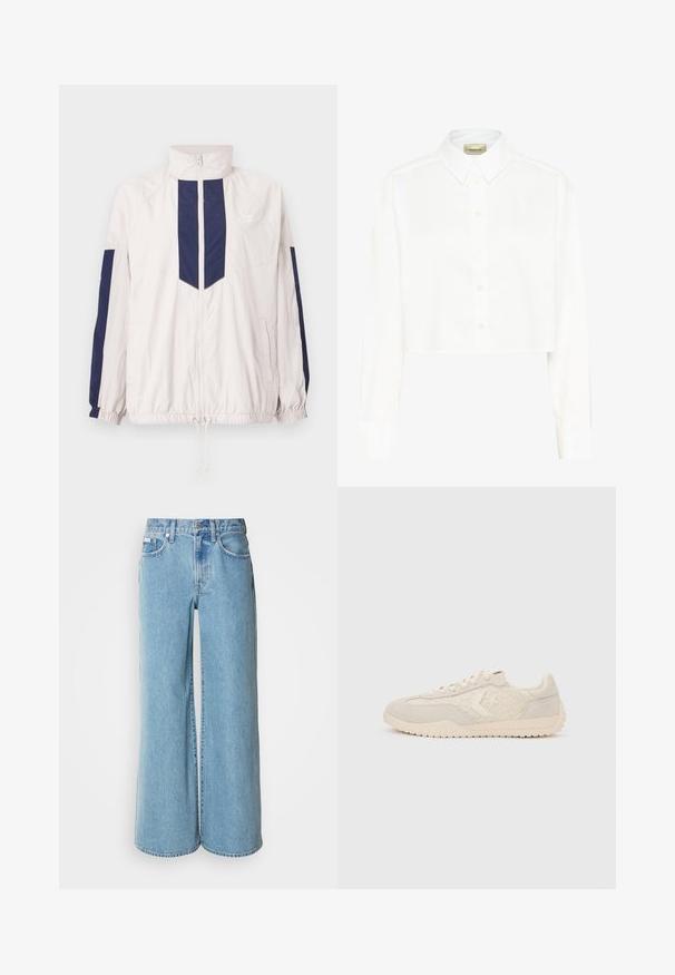 Letvægts Nike vindjakke i hvid og navy, med høj krave, lynlås lukning, elastiske manchetter og to sidelommer.; Hvid cropped skjorte med lange ærmer, spidset krave og knapper foran. Lavet af glat stof med et rent, minimalistisk design.; Lyseblå brede jeans lavet af denim, med høj talje, fem-lomme design og subtil falming langs stoffet.; Beige lavt snøresko med snoremønstrede sider, snørelukning og struktureret sål mod en ensfarvet lys grå baggrund.
