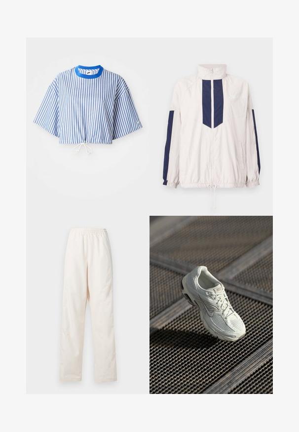 Ľahký vetrový kabát Nike v bielej a námorníckej modrej farbe, s vysokým golierom, zipsom, elastickými manžetami a dvoma bočnými vreckami.; Zrezaná blúzka s modro-bielymi vertikálnymi pruhmi, krátkymi širokými rukávmi a sťahovacou šnúrkou v páse. Má modrý okrúhly výstrih.; Voľné nohavice krémovej farby s elastickým pásom a rovnými nohavicami, zobrazené na bielom pozadí.; Biele bežecké tenisky Nike s vrchom z mesh a syntetického materiálu ležiace na kovovej mriežke na podlahe v mäkkom prirodzenom svetle.