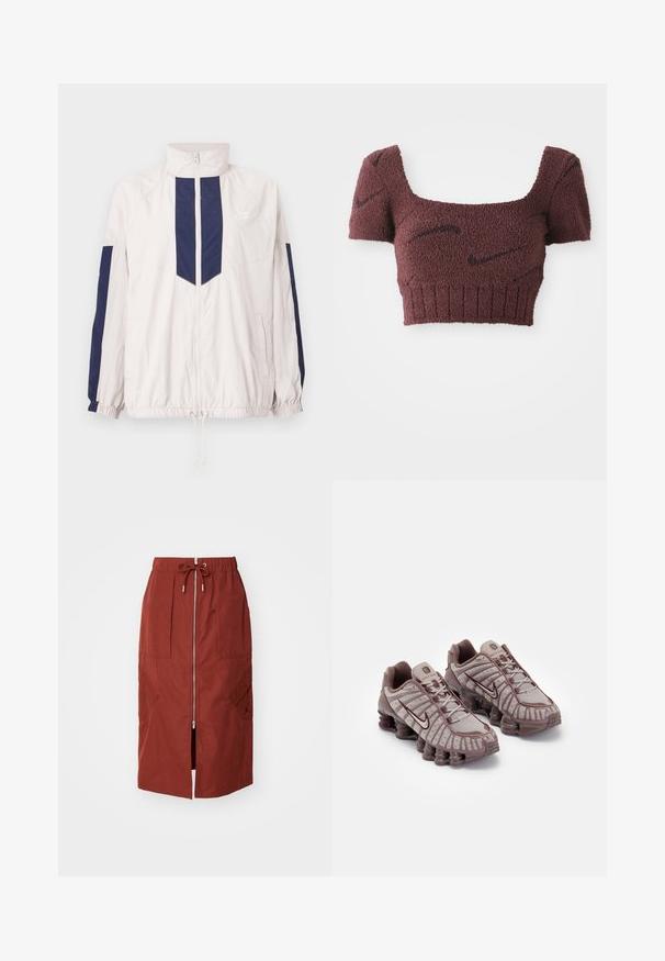 Leichte Nike Windjacke in Weiß und Marineblau, mit hohem Kragen, Reißverschluss, elastischen Bündchen und zwei Seitentaschen.; Lila verkürztes Oberteil aus texturiertem Stoff, mit quadratischem Ausschnitt, kurzen Ärmeln und geripptem Saum, das dezente dunkle Muster aufweist.; Midikleid in terrakottarot, mit einem Frontreißverschluss, elastischem Bund mit Kordelzug und seitlichen Taschen mit geometrischem Design.; Nike Sportswear SHOX TL - Sneaker low - pumice/night maroon/plum eclipse